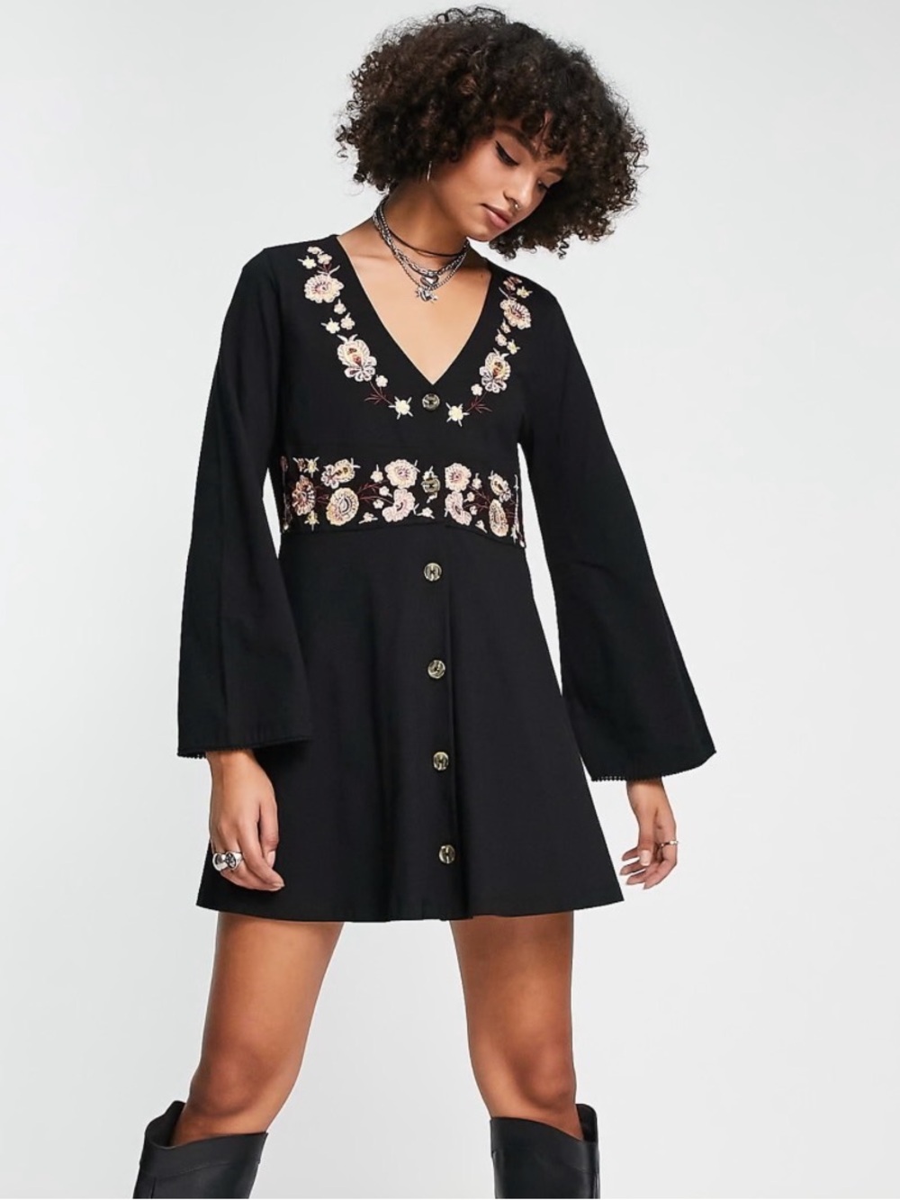 ASOS DESIGN Black Floral Embroidered Mini Dress US 14 Long Sleeve Cotton NWT